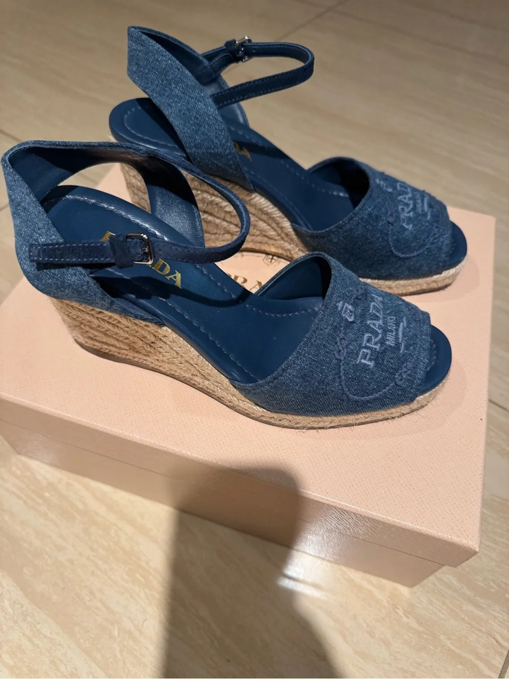 Prada Blue Denim Espadrille Wedge Sandals - Picture 2 of 4